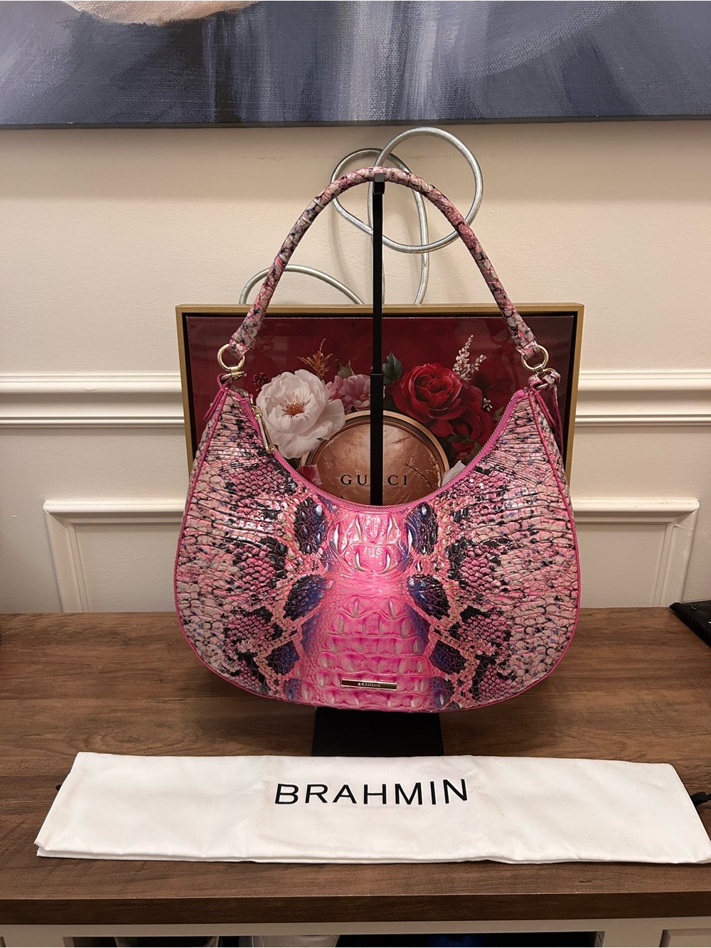Brahmin Bekka Pink Cobra Shoulder Hobo Bag with Dust Bag - Picture 3 of 15